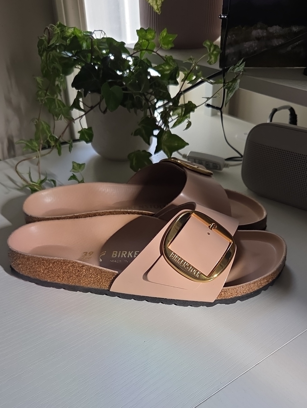 Birkenstock Madrid Big Buckle Sandals in Blush Pink with Gold Buckle